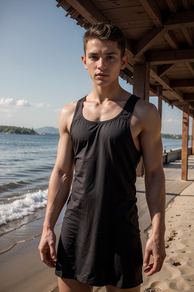 A 16-year-old elf man with long desaturated brown hair, his eyes is black on one side and brown on the other. He's wearing a dress and is standing in front of the beach