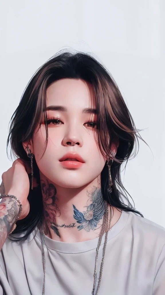 a woman with tattoos on her arms and neck posing for a picture, inspired by Park Jimin, realistic, realism artstyle, inspired by Jimin, inspired by Jimin Park, realistic artstyle, artwork in the style of jimin, high quality portrait, photorealistic!!!!!!! art style, nft portrait, realistic art style