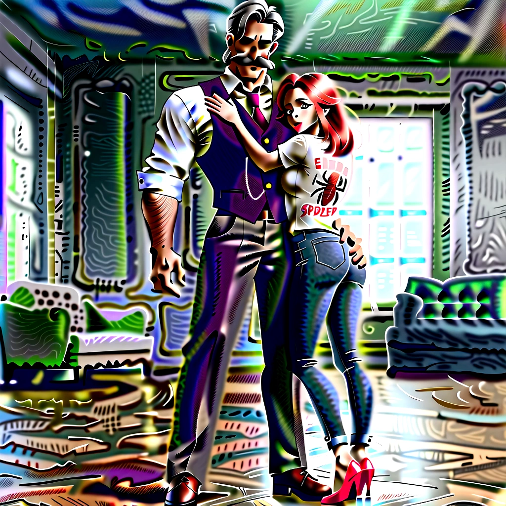 white man, middle-aged, short gray hair, tall, robust, mustache, wearing long-sleeved dress shirt, vest, dress pants and shoes, placing his hands on the ass of a red-haired white girl wearing a t-shirt with the Man's logo Spider, jeans and red high heels. In an office