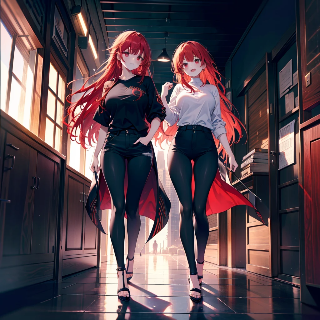 Ryuubedon, eyes red and gold, wicatalyst, red Hair, red and gold eyes,Long Hair,peitos grandes, happy smile, smile, Open your mouth, Oversized black y-shirt,Big Breasts,black skinny pants,Stiletto heels,morning,morning陽,The sun is rising,walking,whole bodyがイラストに入るように,Looking up from below,
break looking at viewer,whole body,
break outdoors, In town,
break (masterpiece:1.2), highest quality, High resolution, unity 8k wallpaper, (figure:0.8), (Beautiful fine details:1.6), Highly detailed face, Perfect lighting, Highly detailed CG, (Perfect hands, Perfect Anatomy),