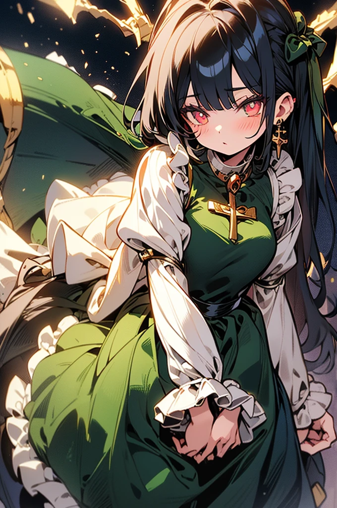 Masterpiece, Best quality, 1girll, Solo, Nahida_Genshin, cross-shaped pupils, Maid outfit, Green cape, standing