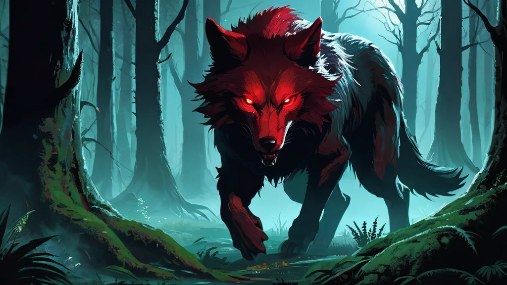 a lone lycan with deep red eyes crouches amidst the underbrush, its alien-like body blending unnaturally with the ancient trees and overgrown vegetation.
The lycan's form is a mix of wolf-like features and alien characteristics: its fur is sleek and shimmering with an otherworldly hue, and its limbs are elongated and sinewy, adorned with sharp, metallic claws that glint in the dim light. Its eyes, glowing a vivid crimson, reflect an insatiable hunger as it consumes something obscured in the shadows of a bush.
The atmosphere is charged with tension and mystery, evoking a sense of primal fear and awe. The forest around the lycan is alive with subtle movements and the faint rustling of leaves, hinting at unseen dangers lurking in the darkness. This fantastical and ominous scene captures the essence of a dark medieval fantasy world where creatures of both earth and unknown origins roam amidst ancient woods fraught with peril.