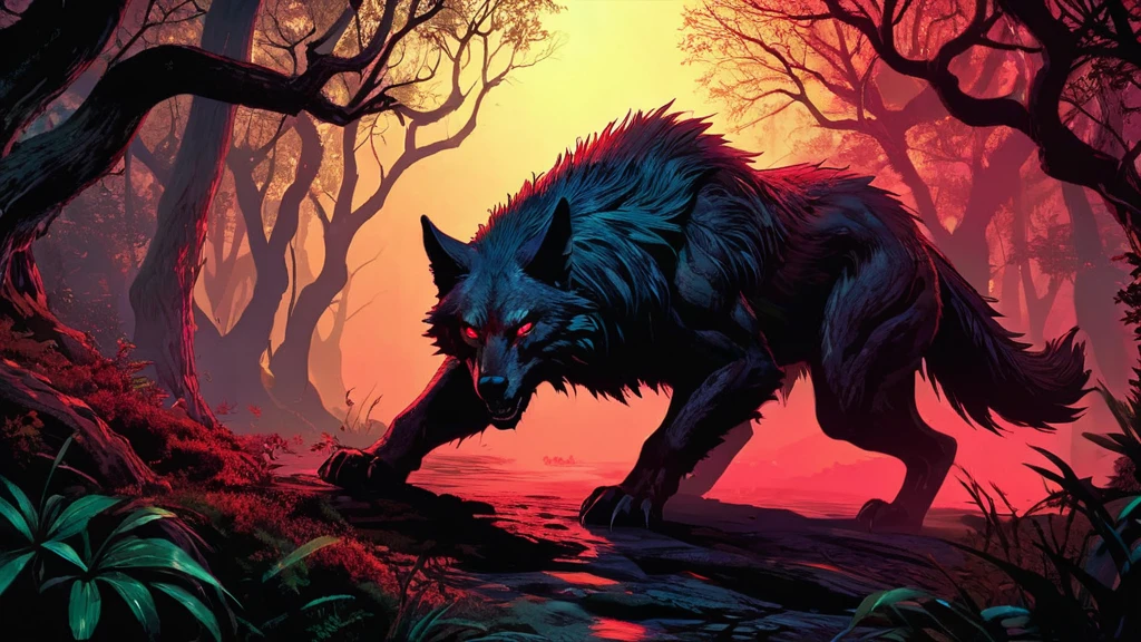 a lone lycan with deep red eyes crouches amidst the underbrush, its alien-like body blending unnaturally with the ancient trees and overgrown vegetation.

The lycan's form is a mix of wolf-like features and alien characteristics: its fur is sleek and shimmering with an otherworldly hue, and its limbs are elongated and sinewy, adorned with sharp, metallic claws that glint in the dim light. Its eyes, glowing a vivid crimson, reflect an insatiable hunger as it consumes something obscured in the shadows of a bush.

The atmosphere is charged with tension and mystery, evoking a sense of primal fear and awe. The forest around the lycan is alive with subtle movements and the faint rustling of leaves, hinting at unseen dangers lurking in the darkness. This fantastical and ominous scene captures the essence of a dark medieval fantasy world where creatures of both earth and unknown origins roam amidst ancient woods fraught with peril.






