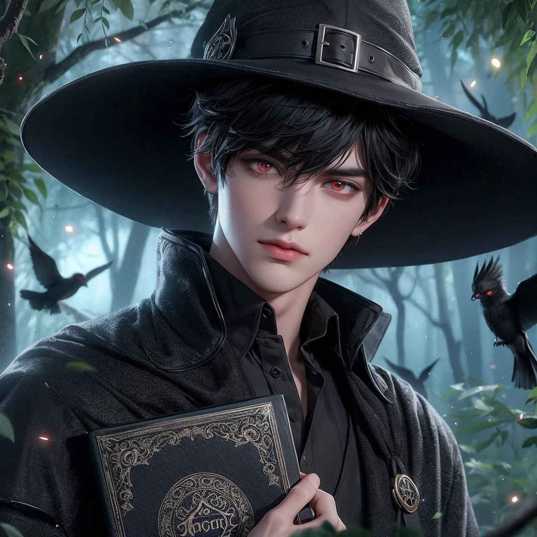 Handsome boy, black hair, red eyes, wearing black witch hat, wearing black witch clothes, holding a black magic book, magic forest background