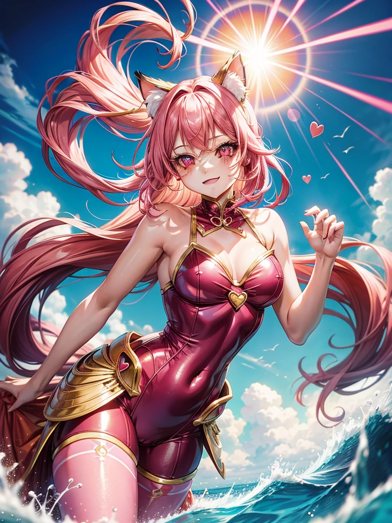 Bright pink hair, pink eyes, woman, sun and cloud background, pink red gold clothes, hair bows, happy face, mermaid outfit, sexy, cat ears, hearts, floating hearts, thigh up, thigh high tights