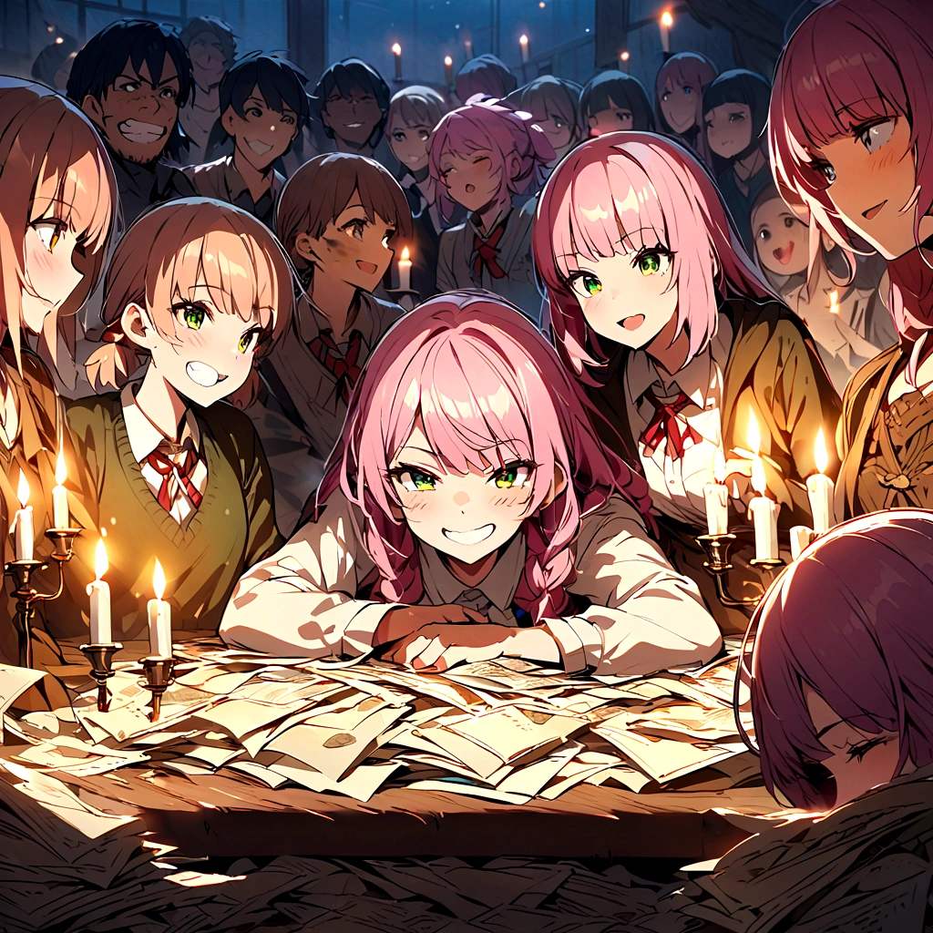 There is a pile of bills on the desk、Around the desk3People Women、Dirty hideout、Candlelight、Dirty、Grin、Pink Hair、Drill Twin