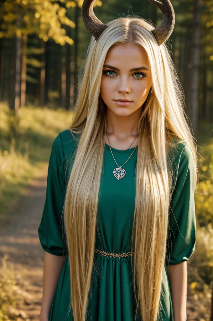Hyper realistic face of a 20-year-old girl. Very long, straight blonde hair waving in the wind. White and radiant skin. Tender yellow eyes. long and thick eyelashes. Thick eyebrows. Forest green dress with a Celtic symbol necklace around her neck. Wolf skull mask with deer horns on her forehead. cinematic lighting. magic. powerfull looking. full body (extremely detailed)