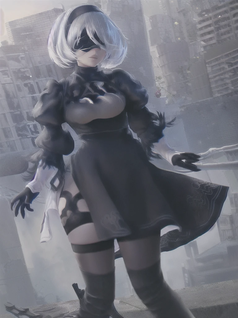 ((Highest quality)), ((masterpiece)), (detailed), One girl, sexy、(((yorha_phi._2_type_b)))、1 girl、solo、Nier Automata、Gray Hair、short hair、Blindfold、Black Dress、Black hair band、Covered Eyes、、Clothing cutouts、happiness、excited、profound、despair、City、ruins、Real、