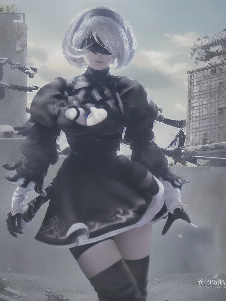 ((Highest quality)), ((masterpiece)), (detailed), One girl, sexy、(((yorha_phi._2_type_b)))、1 girl、solo、Nier Automata、Gray Hair、short hair、Blindfold、Black Dress、Black hair band、Covered Eyes、、Clothing cutouts、happiness、excited、profound、despair、City、ruins、Real、
