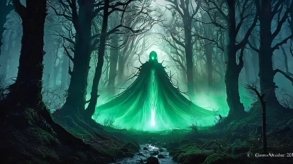 Create an image depicting an alien creature lurking in a dark medieval forest. The forest is shrouded in mist, with ancient, gnarled trees casting eerie shadows under the dim moonlight. The creature itself is a fusion of otherworldly and medieval elements: it has a sleek, metallic body with intricate, glowing runes etched across its surface, reminiscent of enchanted armor. Its eyes emit a faint, ethereal glow, and tendrils of mist seem to swirl around its feet, blending with the forest floor.

The atmosphere is tense and mysterious, evoking a sense of both wonder and danger. The creature moves silently among the trees, its presence both captivating and unsettling against the backdrop of this fantastical and foreboding forest.