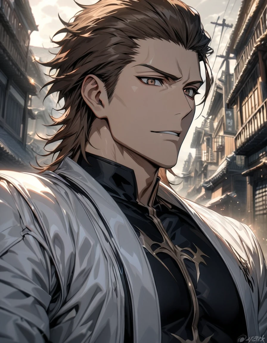 absurdres, highres, ultra detailed, HDR, masterpiece, extremely detailed face and eyes, Aizen Sosuke, brown hair slicked back, expressive brown eyes, Bleach, solo, sexy man, toned chest, handsome, white coat, black shirt,, soul society background, confident expression