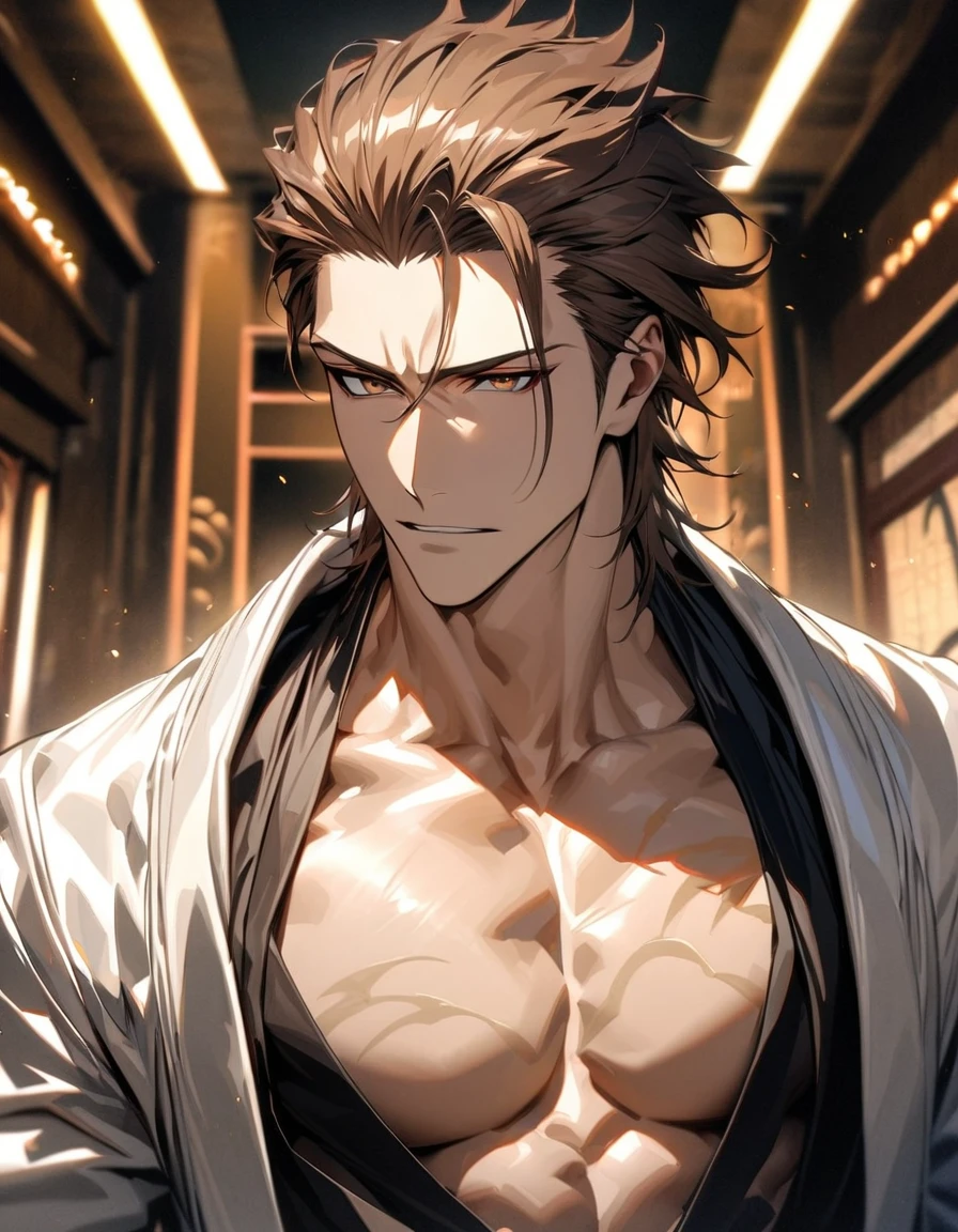 absurdres, highres, ultra detailed, HDR, masterpiece, extremely detailed face and eyes, Aizen Sosuke, brown hair slicked back, expressive brown eyes, Bleach, solo, sexy man, toned chest, handsome, white coat, black shirt,, soul society background, confident expression