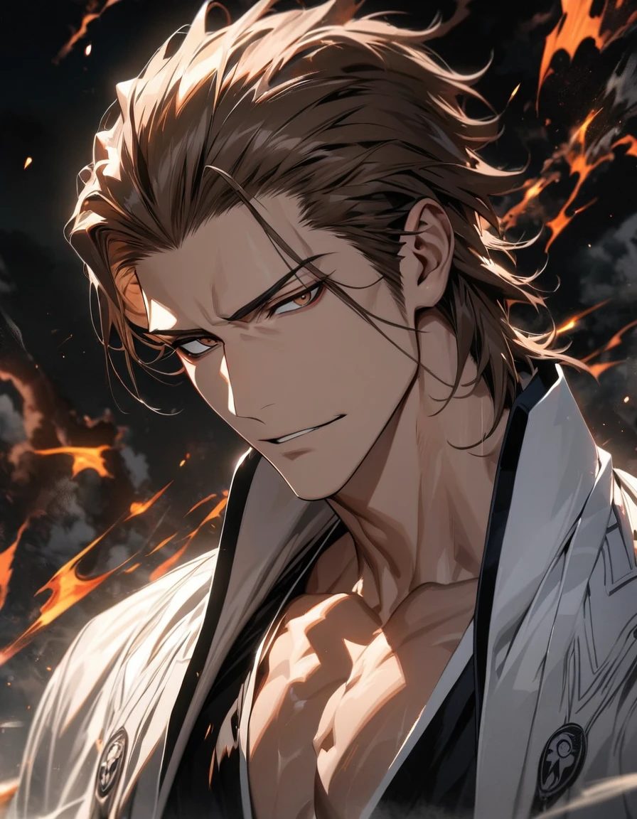 absurdres, highres, ultra detailed, HDR, masterpiece, extremely detailed face and eyes, Aizen Sosuke, brown hair slicked back, expressive brown eyes, Bleach, solo, sexy man, toned chest, handsome, white coat, black shirt,, soul society background, confident expression