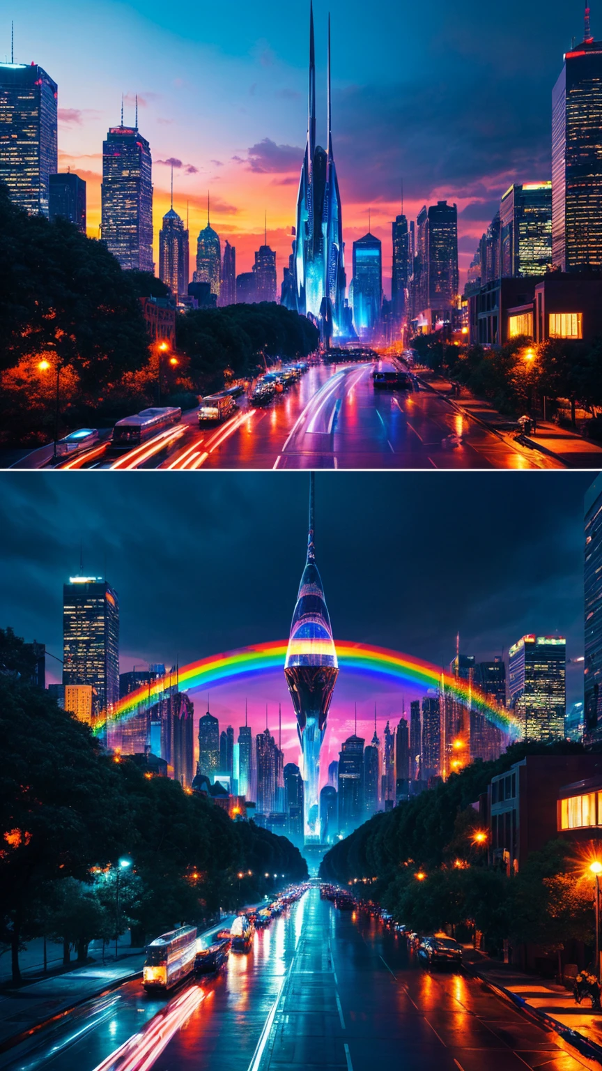 ((Best Pristine Quality Masterpiece, Hyperrealistic, Highest Possible Detail, Magnificent Resolution)); A Visually Gorgeous Abstract Expressionistic Radical Rainbow Experience Of An Extremely Fantastical Breathtaking Majestical Futuristic Hyperdimensional Extraterrestrial Cityscape.