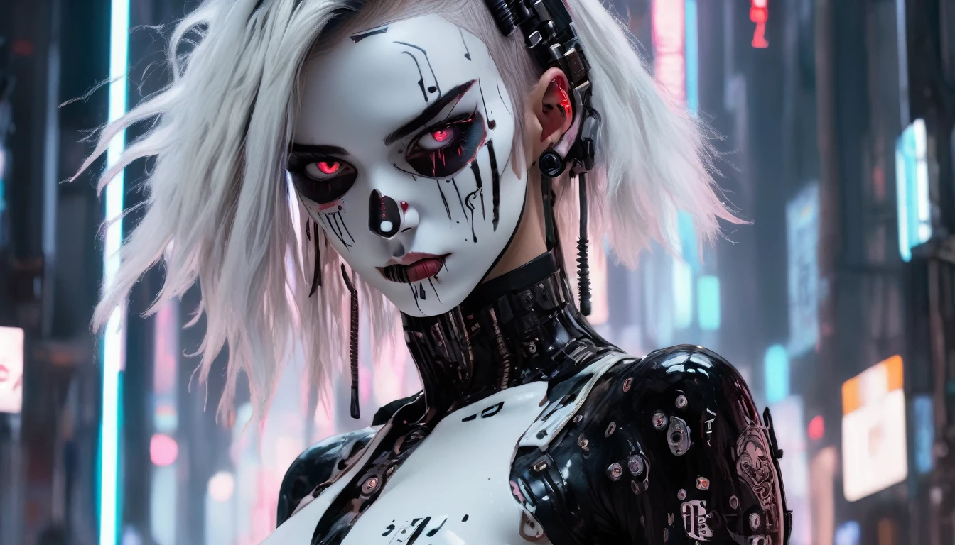 anime artwork, commercial portrait, (full body shot:1.6), cyberpunk style, 1girl, white face paint, black bleeding mascara, perfect anatomy, posing for the camera, stunningly beautiful, perfect face, glowing eyes, intricate details, ultra-realistic, high saturation, cinematic light, 35mm raw photo, nsfw, art by j.c. leyendecker