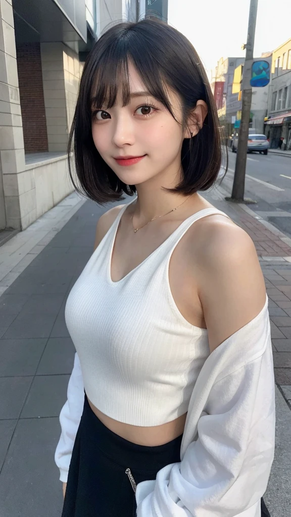 Random pose, Mix 4, (8K, Raw photo, highest quality, masterpiece: 1.45), (real, photorealistic: 1.37), one girl, cute small, smiling, urban landscape, natta, professional lighting, mundane, park, photon mapping, radiosity, physically based rendering, gradient black hair, white hair, straight short bob cut, gal, handsome, teenage girl, long sleeves, cloak, summer clothes, summer outfit, highest quality photo, high resolution, 1080P, (clear face), (detailed face description), (detailed hand description), (masterpiece), vivid, extreme light and shadow, disheveled hair, masterpiece, rich in detail, (detailed facial features), (highest quality photo), (masterpiece), (detailed eyes), looking straight ahead, detailed collarbone, focus on armpit, showing underboob.
