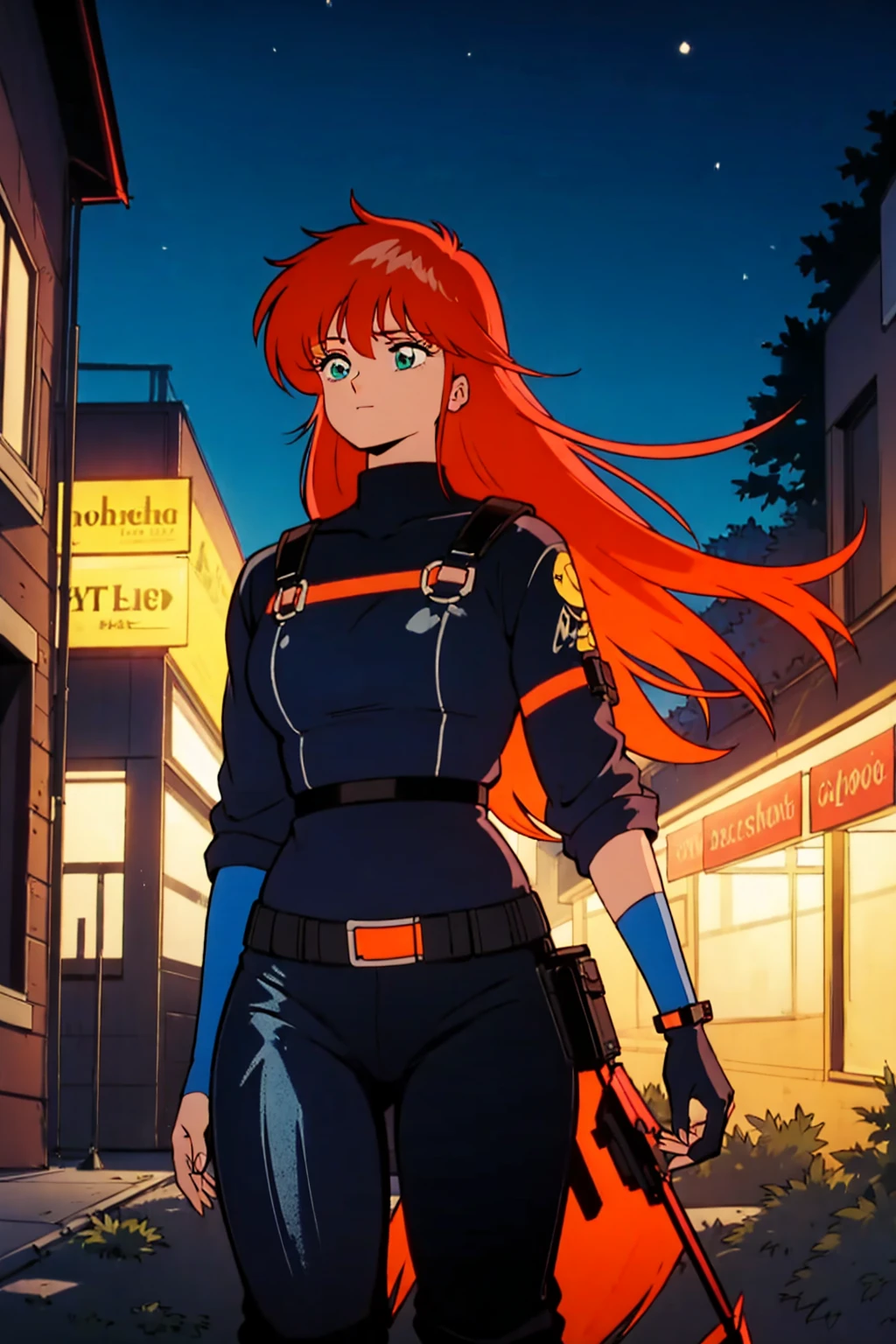 Girl with orange hair, Blue Cyberpunk Outfit, In the colorful grassland, At night