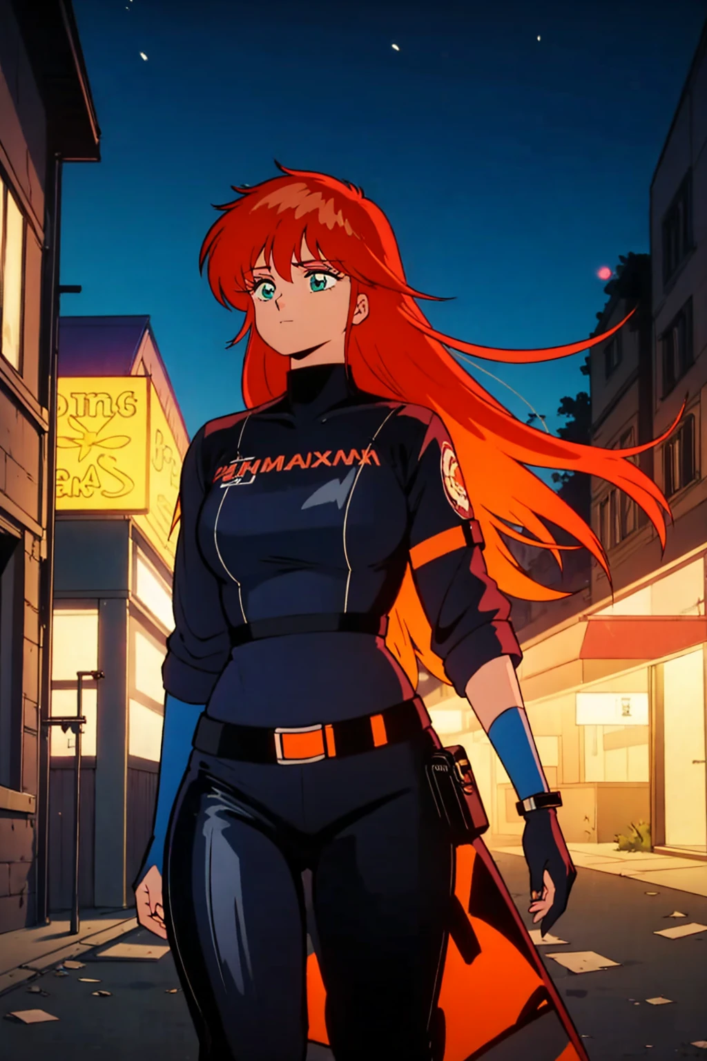 Girl with orange hair, Blue Cyberpunk Outfit, In the colorful grassland, At night