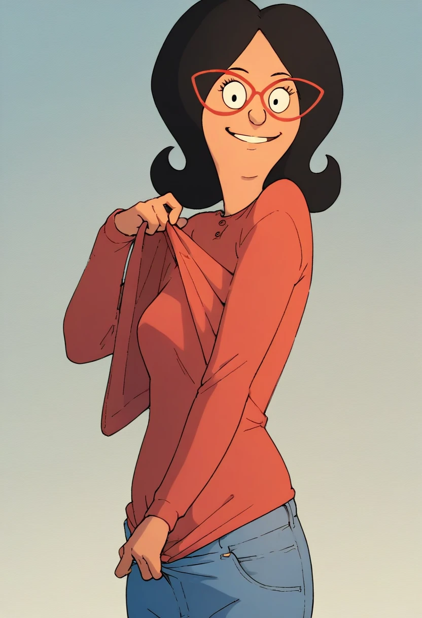 linda, 1girl, black hair, solo, glasses, red-framed eyewear, smile, red shirt, looking at viewer,upper body, jeans, clothes pull, long sleeves, pants, score_9, score_8_up, score_7_up, score_6_up,looking at viewer, zPDXLxxx