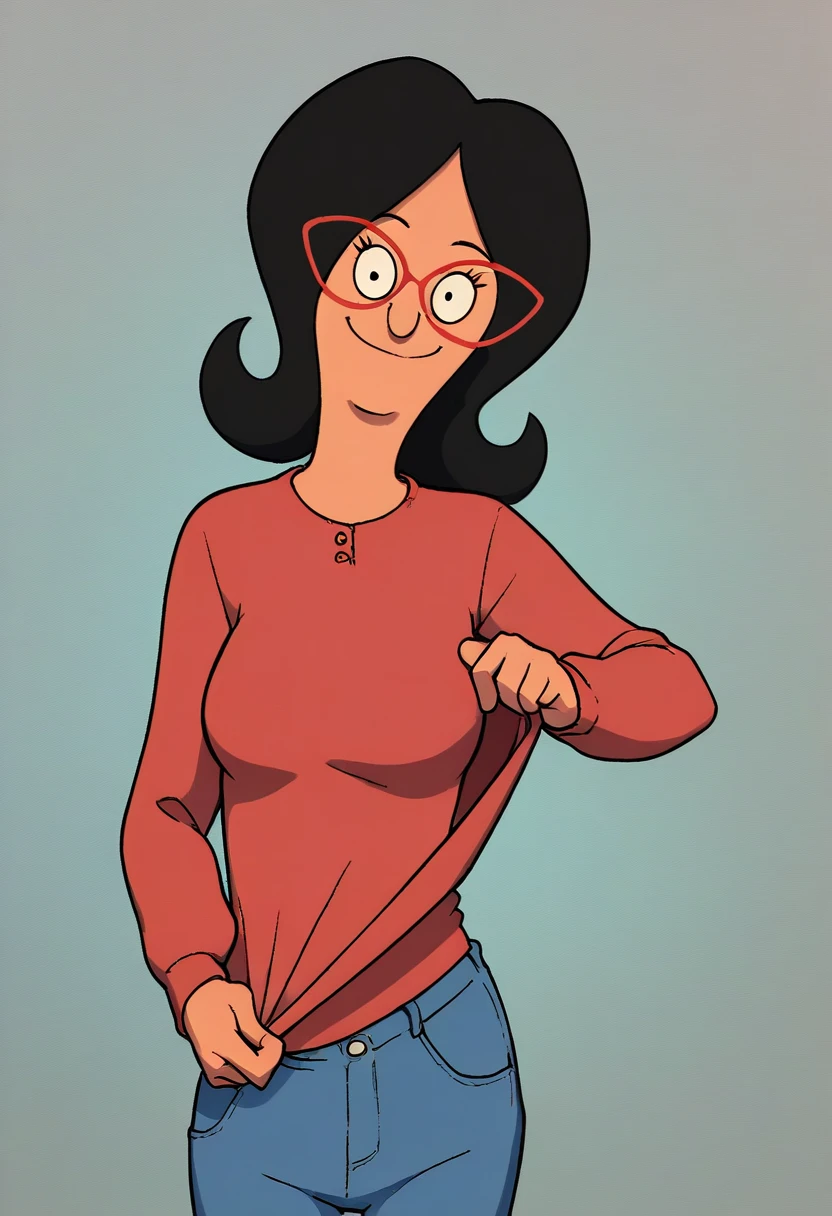 linda, 1girl, black hair, solo, glasses, red-framed eyewear, smile, red shirt, looking at viewer,upper body, jeans, clothes pull,  long sleeves, pants, score_9, score_8_up, score_7_up, score_6_up,looking at viewer,  zPDXLxxx