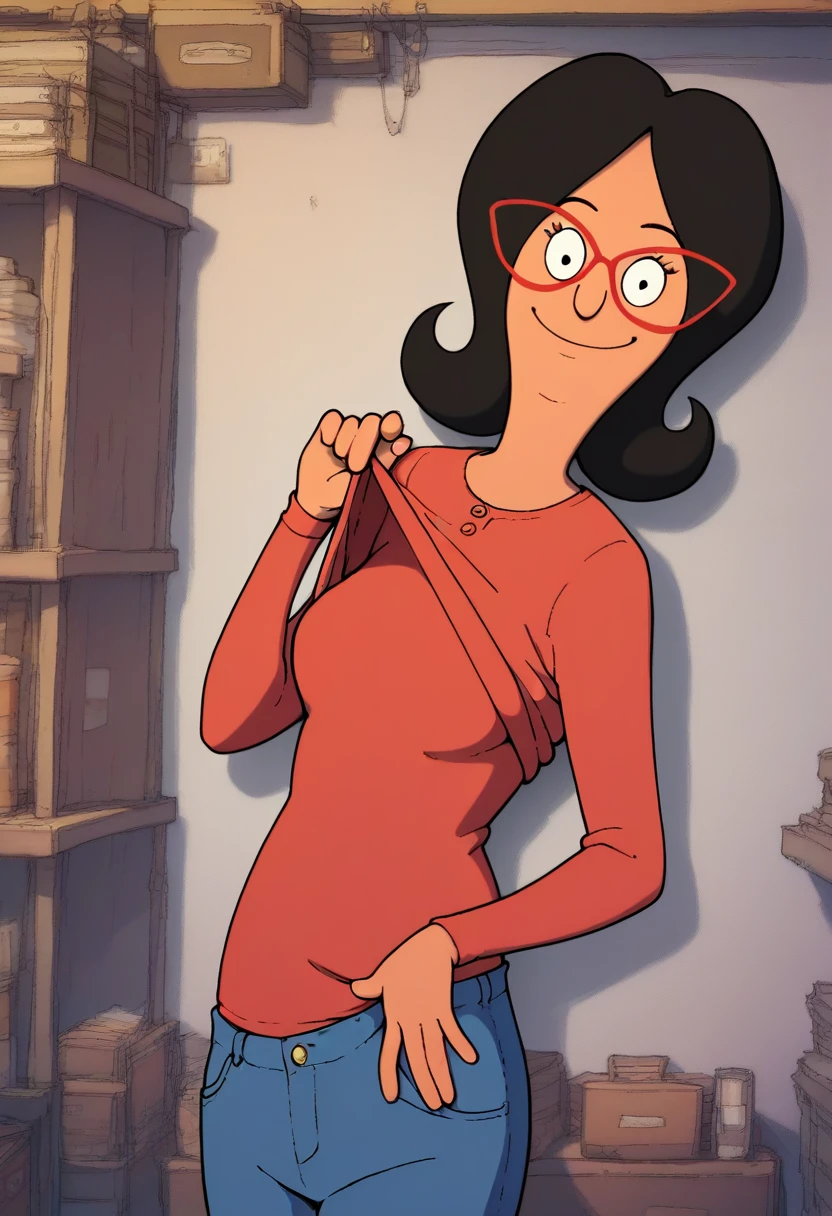linda, 1girl, black hair, solo, glasses, red-framed eyewear, smile, red shirt, looking at viewer,upper body, jeans, clothes pull, long sleeves, pants, score_9, score_8_up, score_7_up, score_6_up,looking at viewer, zPDXLxxx