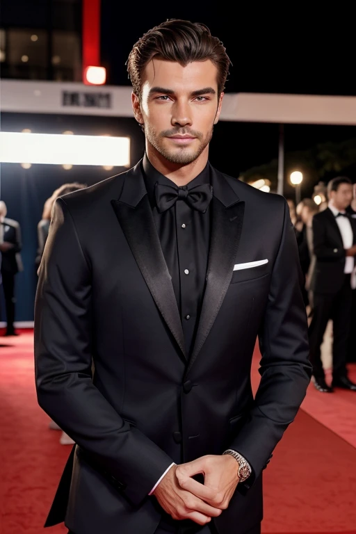 Create an image of a really handsome and attractive man at a red carpet event. He should have a well-groomed appearance with a stylish, perfectly fitted tuxedo. His hair should be neatly styled, and he should have a confident and charming expression. The background should feature a glamorous red carpet scene with photographers and fans in the distance, giving a sense of a high-profile event. Ensure the lighting highlights his features, giving him a radiant and charismatic look