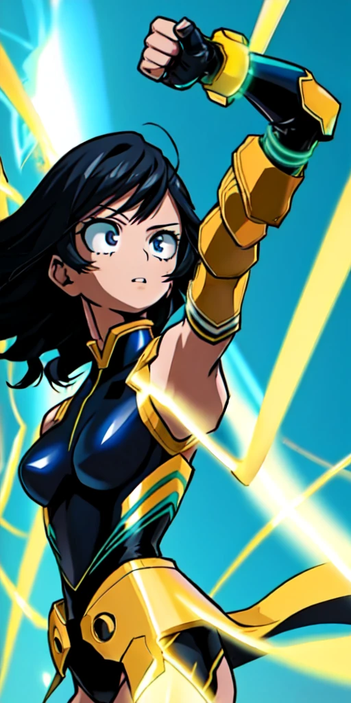 1 girl, Brazilian, normal eye, perfect lighting, dark hair, curly hair, long hair, jade eyes, side lighting, face detailed, shining skin, brunette skin, simple background, darkness background, futuristic costume, Bright costume, made from a deep blue metallic material with silver luminous patterns, a fitted and aerodynamic design, standing out for its elegance and sophistication, anime styling, My Hero Academia traits 
