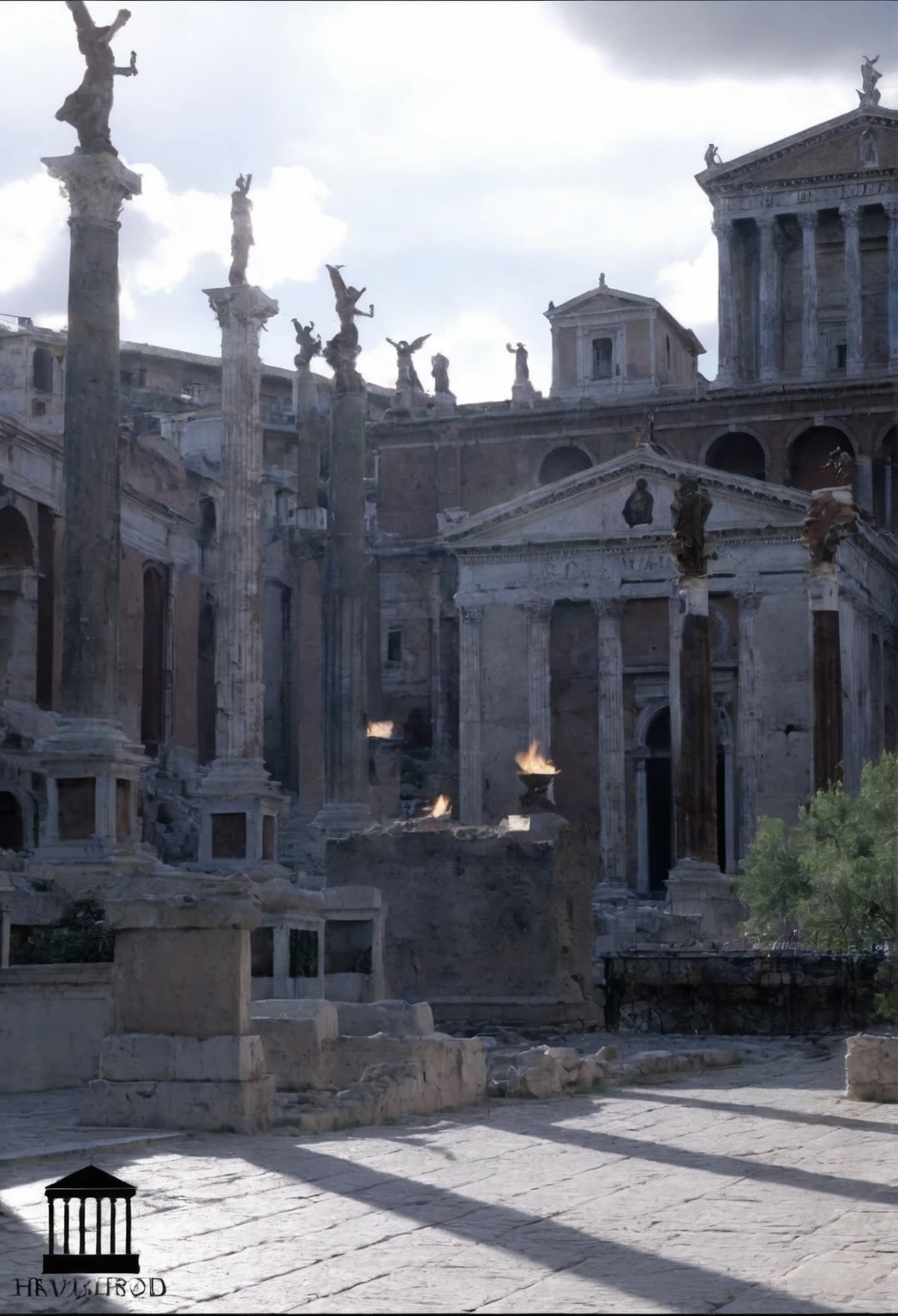 arafed woman standing in front of a building in a city, ruins in the background, rome in background, standing before ancient ruins, ancient ruins in the background, rome backdrop, rome, city ruins in the background, marble columns in background, at an ancient city, ancient roman setting, catacomb in background, roman monuments, young handsome pale roma