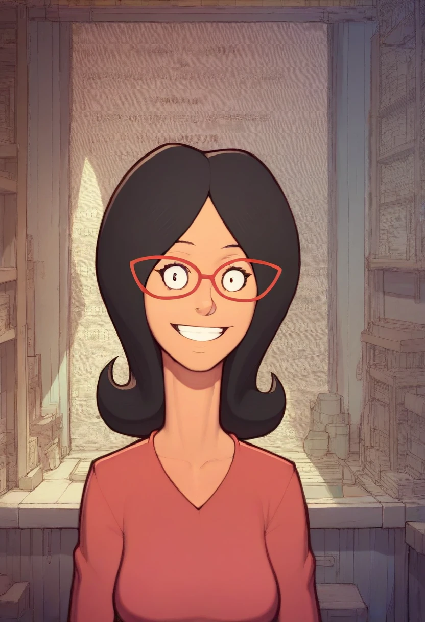 linda, 1girl, black hair, solo, glasses, red-framed eyewear, smile, red shirt, looking at viewer,upper body, jeans, long sleeves, pants, score_9, score_8_up, score_7_up, score_6_up,looking at viewer, zPDXLxxx, asura \(asurauser\),