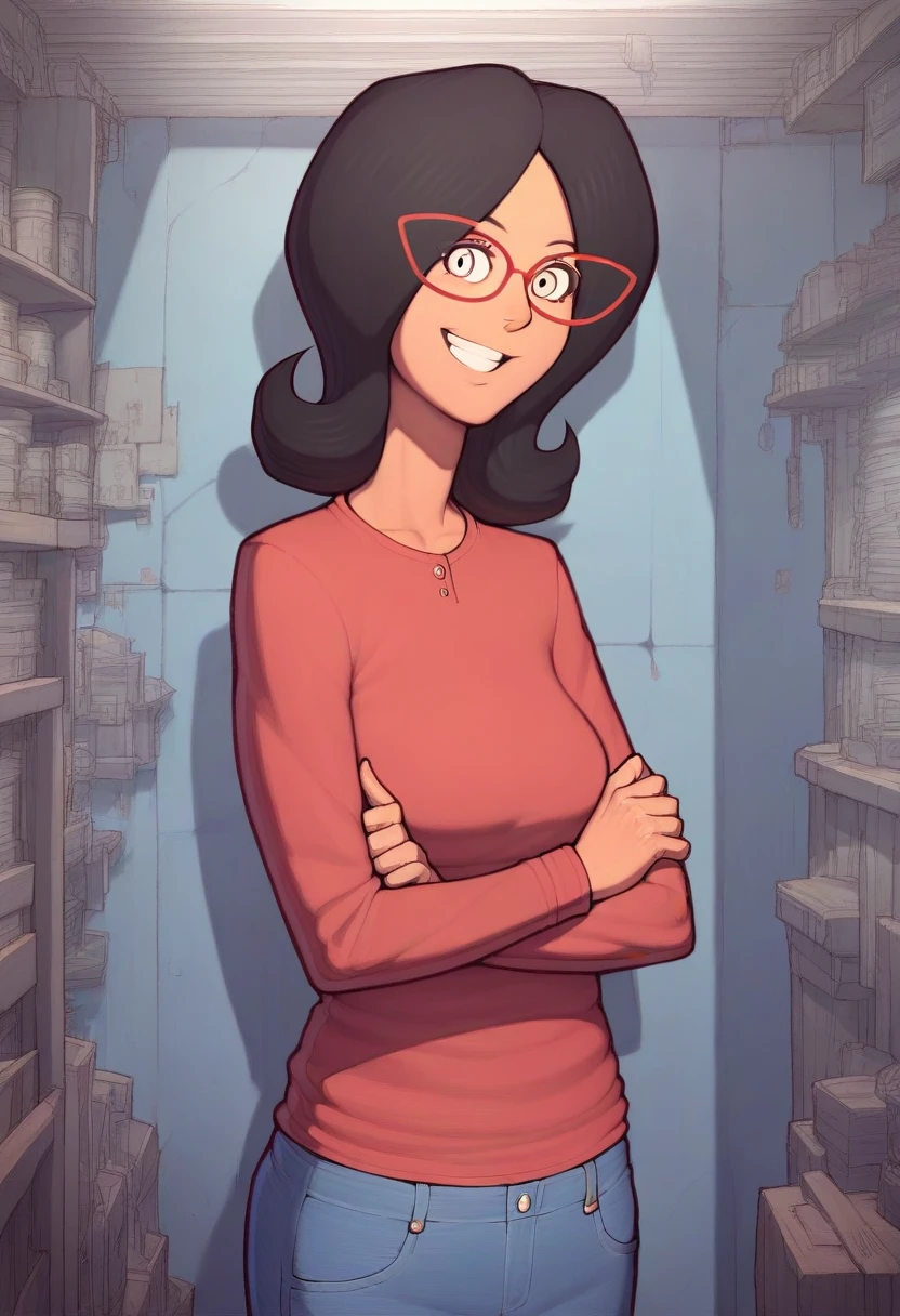 linda, 1girl, black hair, solo, glasses, red-framed eyewear, smile, red shirt, looking at viewer,upper body, jeans, long sleeves, pants, score_9, score_8_up, score_7_up, score_6_up,looking at viewer, zPDXLxxx, asura \(asurauser\),