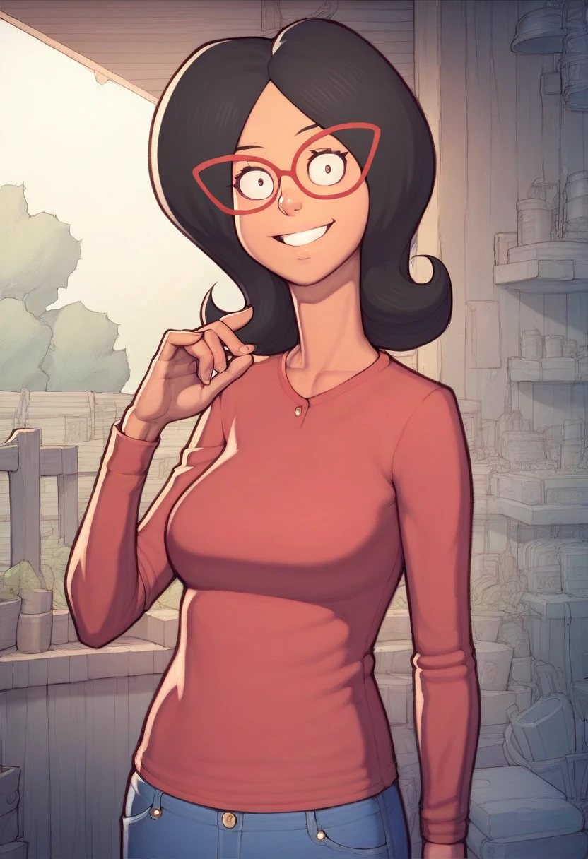 linda, 1girl, black hair, solo, glasses, red-framed eyewear, smile, red shirt, looking at viewer,upper body, jeans, long sleeves, pants, score_9, score_8_up, score_7_up, score_6_up,looking at viewer, zPDXLxxx, asura \(asurauser\),