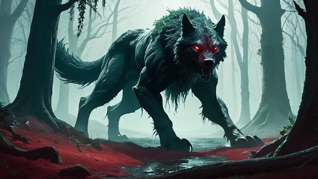 Create an eerie and captivating image of a a lone lycan with deep red eyes crouches amidst the underbrush, its alien-like body blending unnaturally with the ancient trees and overgrown vegetation.
The lycan's form is a mix of wolf-like features and alien characteristics: its fur is sleek and shimmering with an otherworldly hue, and its limbs are elongated and sinewy, adorned with sharp, metallic claws that glint in the dim light. Its eyes, glowing a vivid crimson, reflect an insatiable hunger as it consumes something obscured in the shadows of a bush.Its body is alien and monstrous, blending bestial features with subtle hints of a supernatural origin.
The forest itself should be portrayed in a dark medieval fantasy style, with towering trees twisted into gnarled shapes and tangled roots that seem to reach out like grasping claws. Moonlight filters through the thick canopy above, casting ethereal shadows and highlighting patches of moss and eerie luminescent fungi on the forest floor.
The atmosphere is thick with mystery and foreboding, as if ancient legends and dark secrets lurk within the depths of the forest. The lycan, a creature of primal instinct and unearthly power, stands as a sentinel in this realm of shadows, embodying the raw and untamed essence of the wilderness in a world where magic and darkness intertwine.