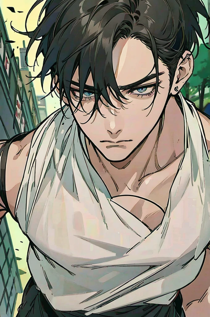 ((Artwork)), ((4K)), ((Anime style)), ((Detailed)), 1 man, dark skin, mullet hair, big nose, monolith eyes, medium lip, nose piercing , muscular body, has an oriental tattoo on his left arm, black sleeveless shirt, loose white pants with several pockets, hands in pockets, serious look, looking at the viewer, dynamic screen, city scene at night.
