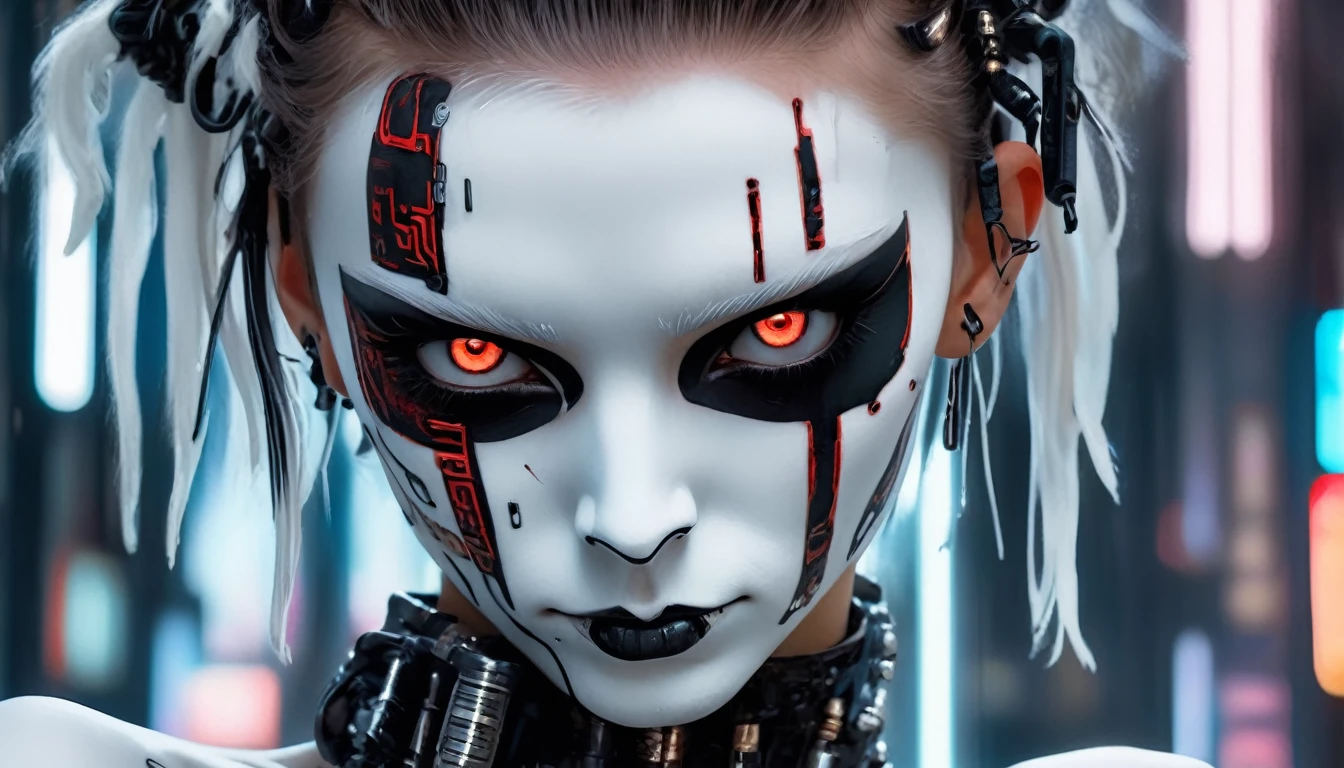 anime artwork, commercial portrait, (full body shot:1.6), cyberpunk style, 1girl, white face paint, black bleeding mascara, perfect anatomy, posing for the camera, stunningly beautiful, perfect face, glowing eyes, intricate details, ultra-realistic, high saturation, cinematic light, 35mm raw photo, nsfw, art by j.c. leyendecker