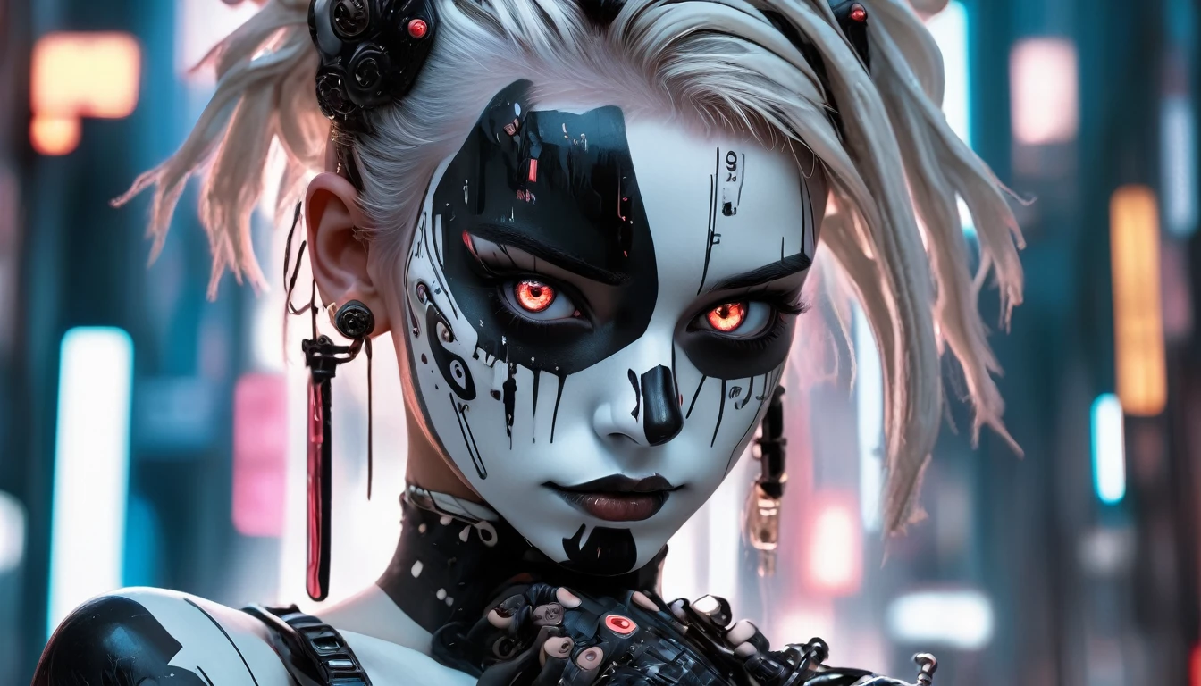 anime artwork, commercial portrait, (full body shot:1.6), cyberpunk style, 1girl, white face paint, black bleeding mascara, perfect anatomy, posing for the camera, stunningly beautiful, perfect face, glowing eyes, intricate details, ultra-realistic, high saturation, cinematic light, 35mm raw photo, nsfw, art by j.c. leyendecker