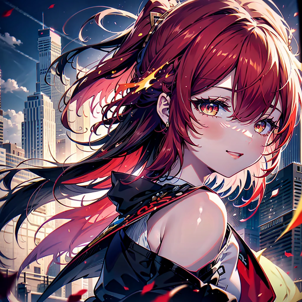 Ryuubedon, eyes RED AND GOLD, wicatalyst, red Hair, red and gold eyes,Long Hair,peitos grandes, happy smile, smile, Open your mouth, Oversized black y-shirt,Big Breasts,black skinny pants,Stiletto heels,morning,morning陽,The sun is rising,walking,whole bodyがイラストに入るように,Looking up from below,
break looking at viewer,whole body,
break outdoors, In town,
break (masterpiece:1.2), highest quality, High resolution, unity 8k wallpaper, (figure:0.8), (Beautiful fine details:1.6), Highly detailed face, Perfect lighting, Highly detailed CG, (Perfect hands, Perfect Anatomy),