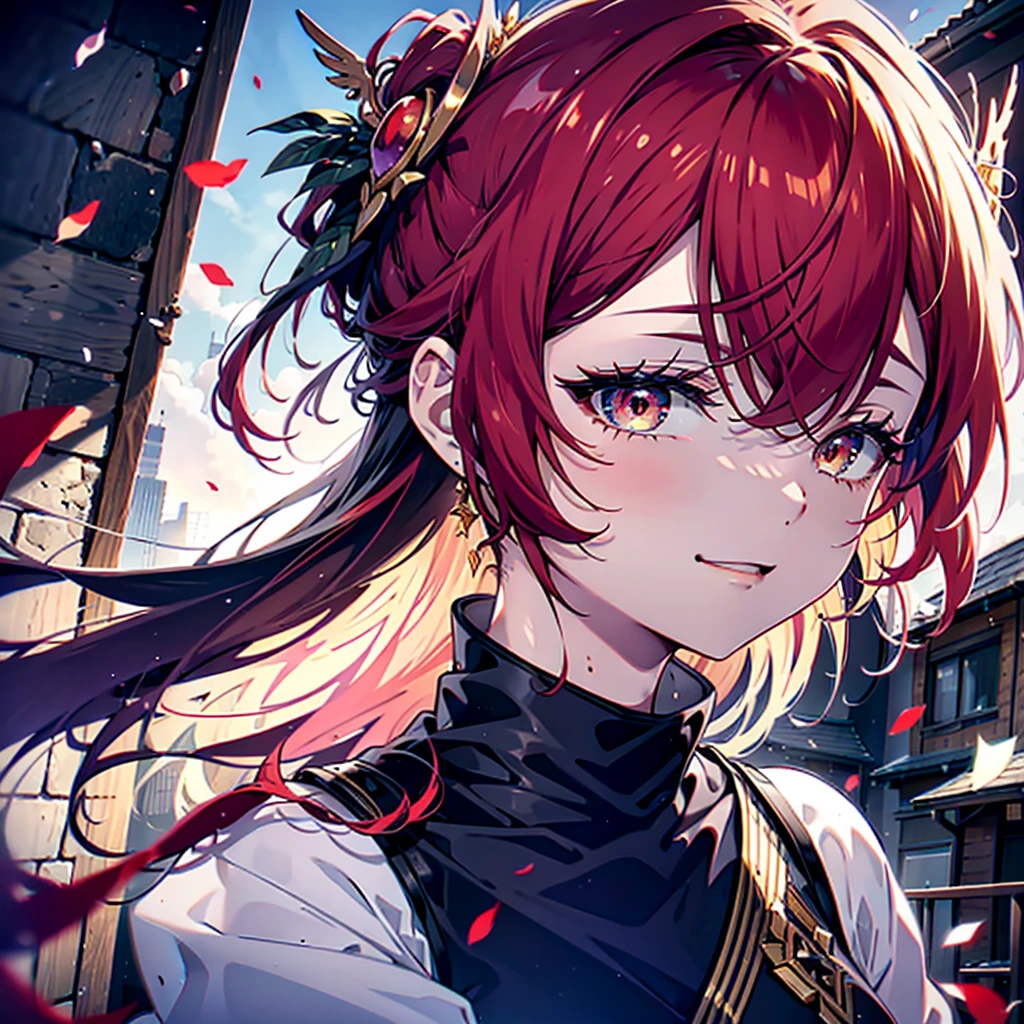 Ryuubedon, eyes RED AND GOLD, wicatalyst, red Hair, red and gold eyes,Long Hair,peitos grandes, happy smile, smile, Open your mouth, Oversized black y-shirt,Big Breasts,black skinny pants,Stiletto heels,morning,morning陽,The sun is rising,walking,whole bodyがイラストに入るように,Looking up from below,
break looking at viewer,whole body,
break outdoors, In town,
break (masterpiece:1.2), highest quality, High resolution, unity 8k wallpaper, (figure:0.8), (Beautiful fine details:1.6), Highly detailed face, Perfect lighting, Highly detailed CG, (Perfect hands, Perfect Anatomy),