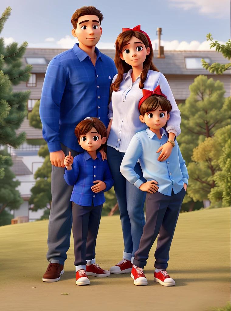 Family with young father, young mother, 6-year-old son in blue shirt and daughter in white shirt with red bow on her head with hair tied and fallen to her shoulders