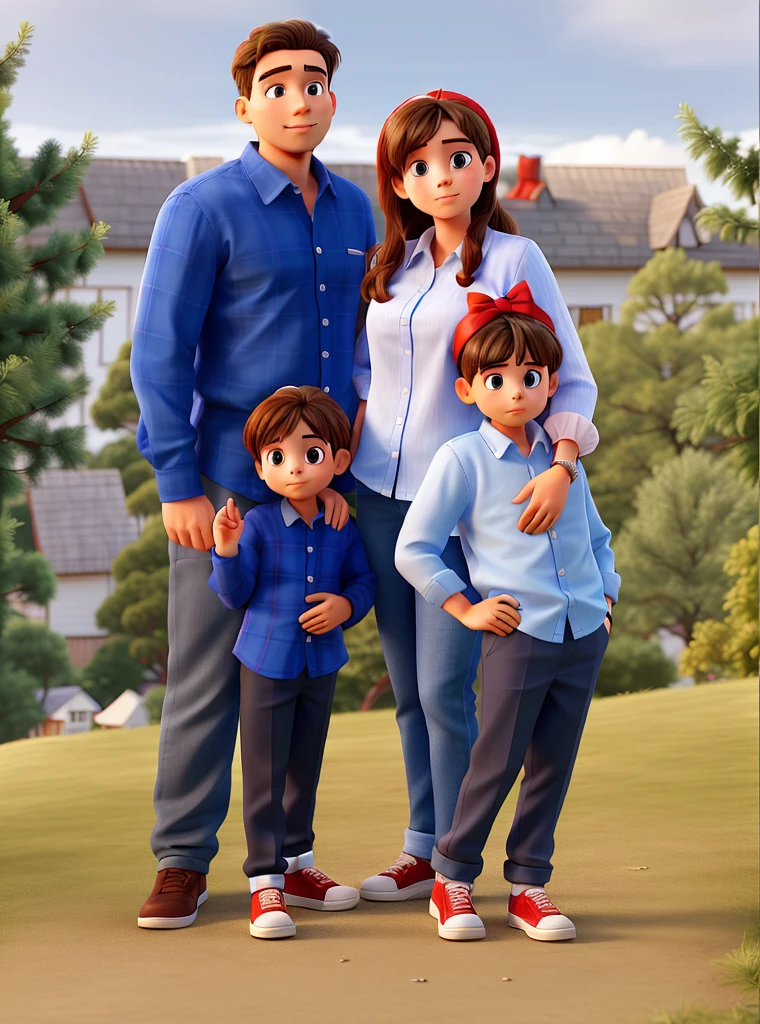 Family with young father, young mother, 6-year-old son in blue shirt and daughter in white shirt with red bow on her head with hair tied and fallen to her shoulders