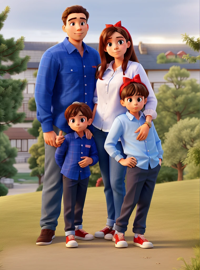 Family with young father, young mother, 6-year-old son in blue shirt and daughter in white shirt with red bow on her head with hair tied and fallen to her shoulders