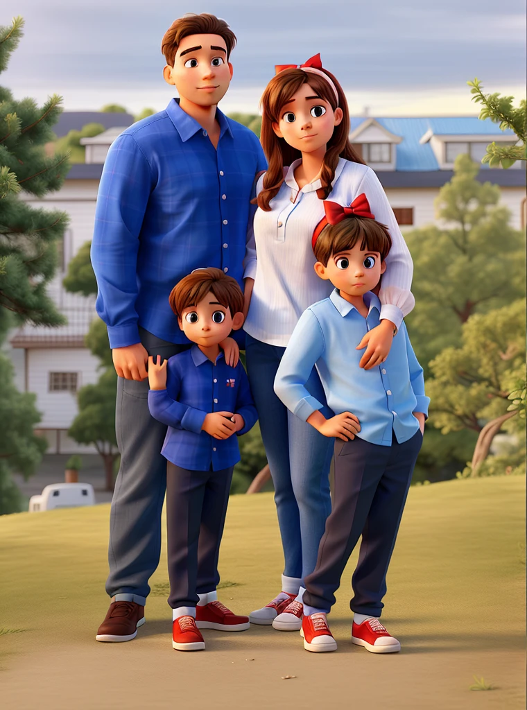 Family with young father, young mother, son in blue shirt and daughter in white shirt with red bow on her head with hair tied and fallen to her shoulders