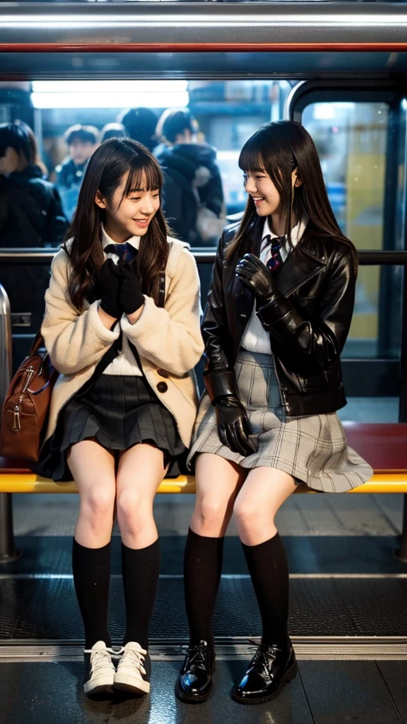 Photo of two Japanese high school girls wearing duffle coats with leather shoes and shiny black leather gloves, Profile of a woman with her legs crossed at the entrance to the subway. Ultra Mini Skirt,LOL,School Bags,This photo was taken in daylight with soft lighting..、The girls are sitting on the ground.。. This photo was taken by someone on their cell phone..、Apparently it was posted on Snapchat.。.