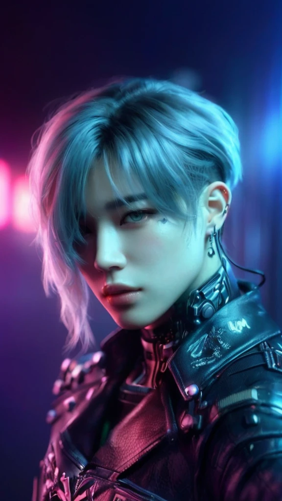 a close up of a person with a leather jacket and gloves, Park Jimin, 8k artgerm bokeh, hyper-realistic cyberpunk style, inspired by Jimin, digital cyberpunk anime art, cyberpunk style , hyperrealistic, artwork in the style of jimin, xqc, 8k portrait render, beautiful androgynous prince