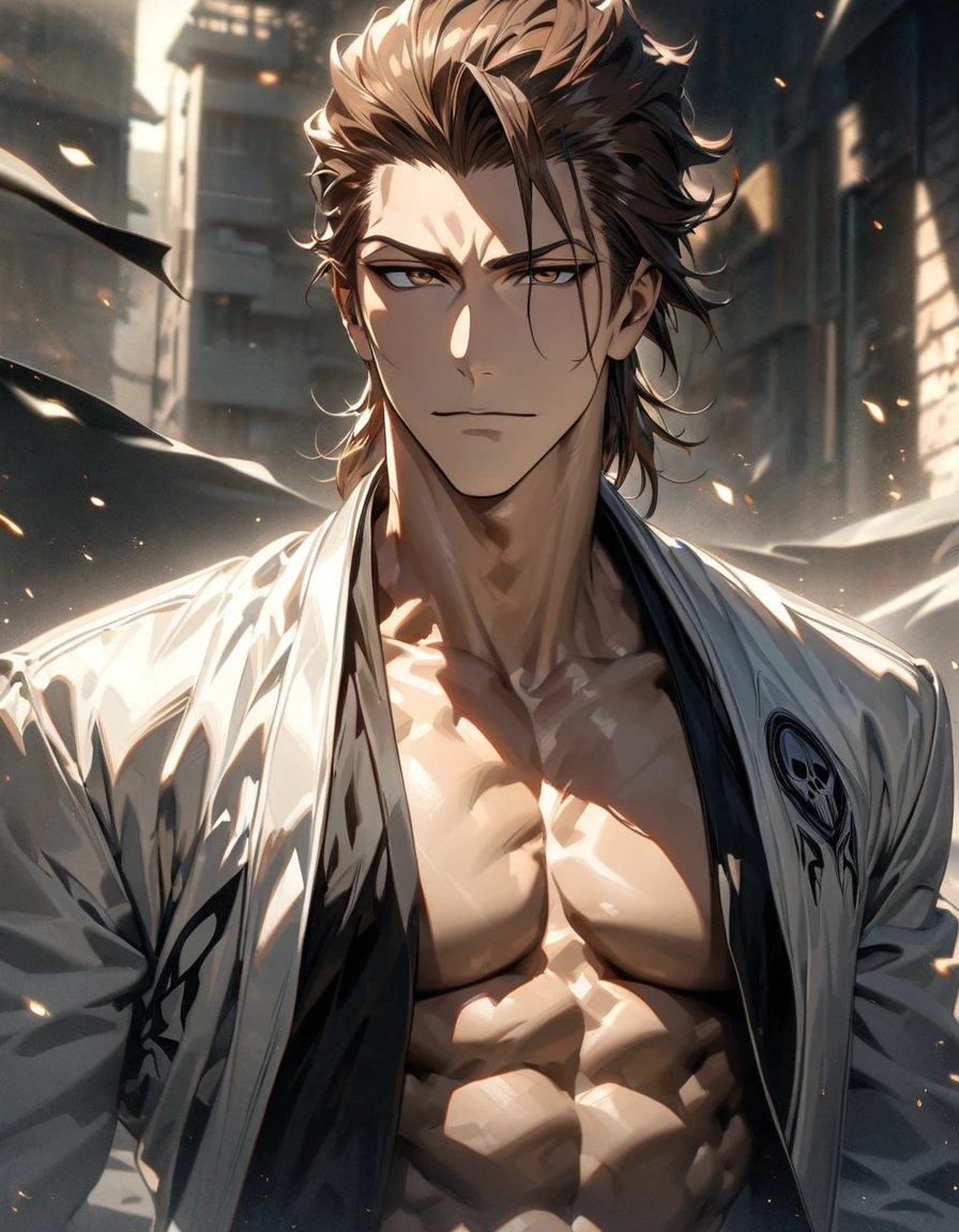 absurdres, highres, ultra detailed, HDR, masterpiece, extremely detailed face and eyes, Aizen Sosuke, brown hair slicked back, expressive brown eyes, Bleach, solo, sexy man, toned chest, handsome, white coat, black shirt,, soul society background, confident expression, hd quality, high textures