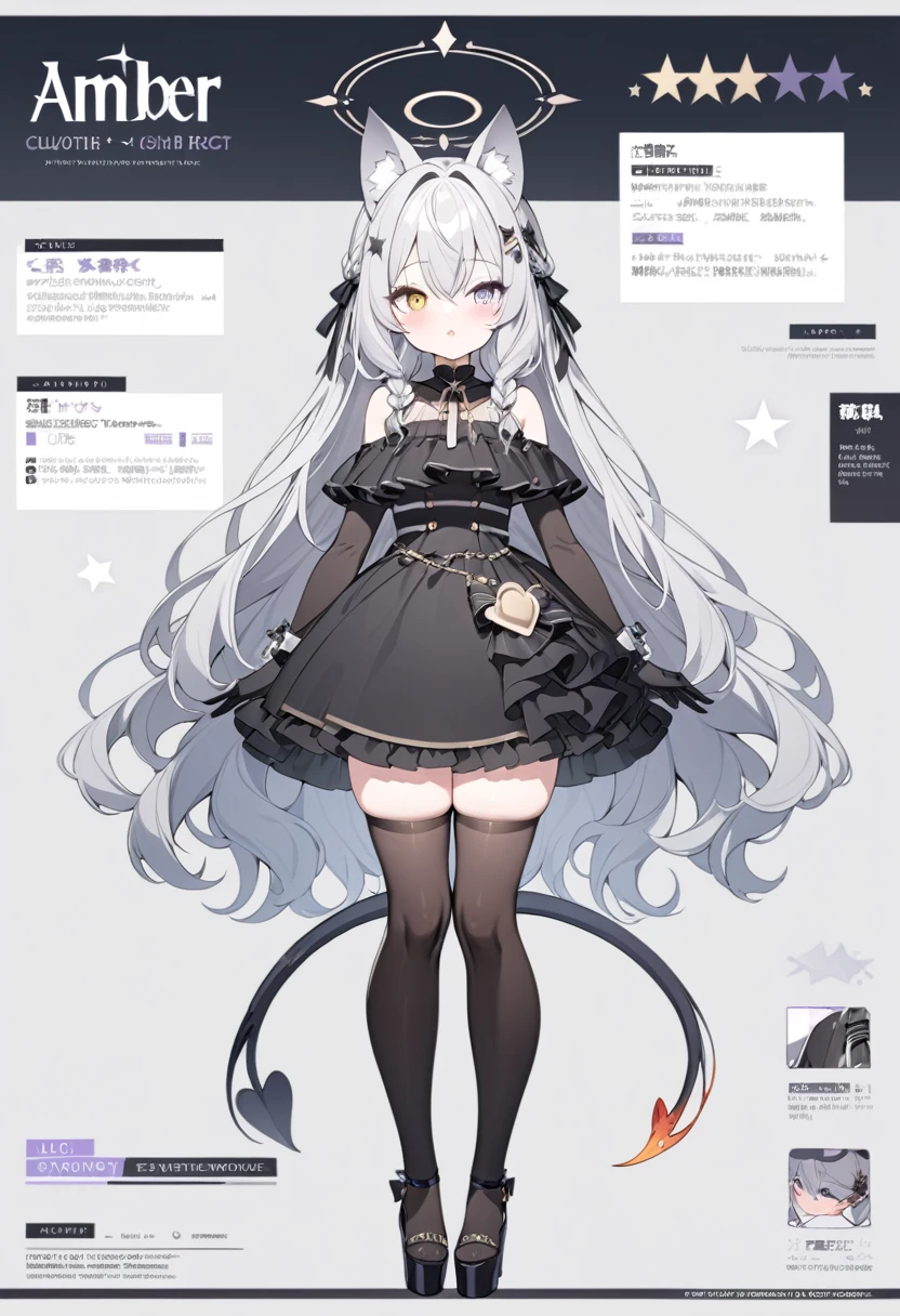 1 girl, long amber hair, slim build, wavy hair with knee length curls, small face, sectoral heterochromia (one gray eye and one purple eye), ready with star design on the right side of the hair, He has a short double braid on the left and right sides of his head... , extremely detailed face, Beautiful detailed eyes, beautiful detailed lips. short height 180cm, adorable, extremely detailed legs, (Best Quality, 4k, 8k, high resolution, Masterpiece: 1.2), ultra detailed, Exquisite and epic character art.., Amazing modern character trending theme.., character design (Character Reference Sheet: 1.10, lateral angles, Full body front and rear angle.), Black high stockings with elegant striped design.., Black platform heels, Long Ruffle One Piece Dress., black shoulder length gloves with gold star patterns, light gray belt over the dress, black necklace with heart emblem on the neck. Serval ears on his head.., Succubus tail that ends in a star shape.. Wide hips. Wears a gray and black halo with star patterns. Bust size F