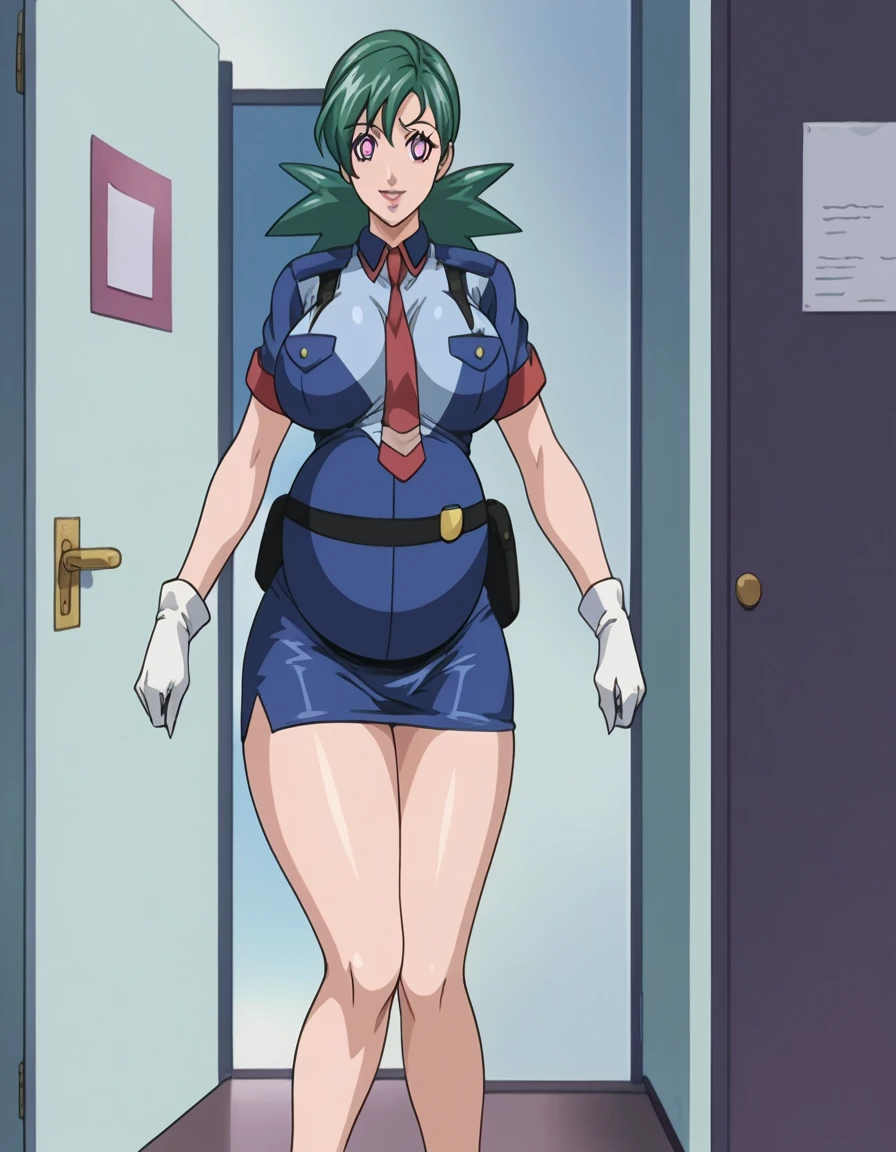 score_9, score_8_up, source_anime Bibl3, cute pregnant girl, busty, hypnotized, mesmerized, white pupils, jenny (pokemon), green hair, huge breasts, police uniform, belt, pencil skirt, short skirt, white gloves, high heels, huge breasts, heavy breasts, breast expansion, full lips, vivid lips, wide hips, thick thighs, pregnant belly, huge belly, viewed from front, doorway of office, soft smile, innocent expression, belly focus, looking at ahead, raised eyebrows, detailed eyes, detailed face, pretty girl, morning