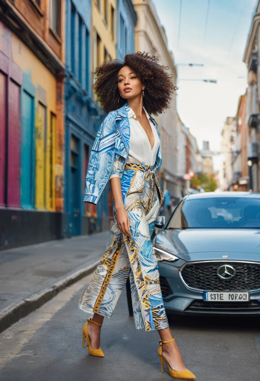 "A stylish  young beautiful woman in a beautiful outfit walking down city street. She exudes confidence and flair, with street art and  architecture in the background. .", full length 