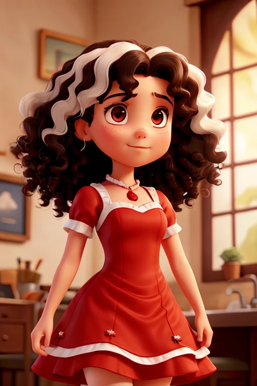 Female dark curly hair with white highlights wearing a red dress and having 1,47 tall