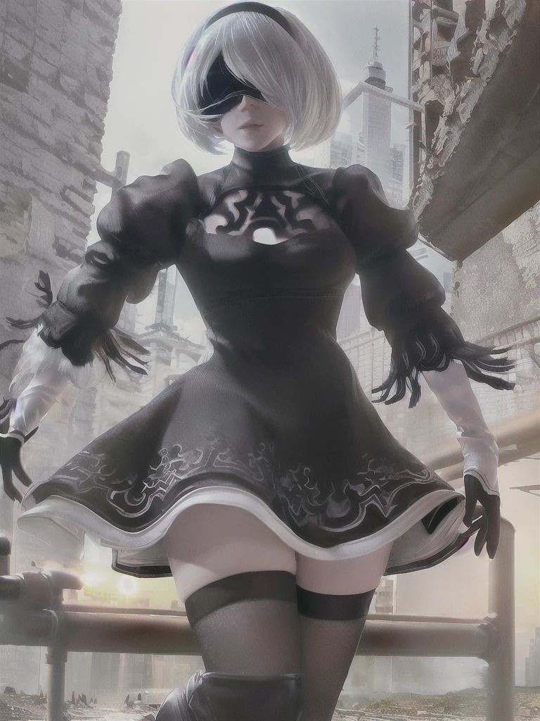 ((Highest quality)), ((masterpiece)), (detailed), One girl, sexy、Realistic color photos、realistic skin color、Slender body、(((yorha_phi._2_type_b)))、1 girl、solo、Nier Automata、Gray Hair、short hair、Blindfold、Black Dress、Black hair band、Covered Eyes、、Clothing cutouts、happiness、excited、profound、despair、City、ruins、