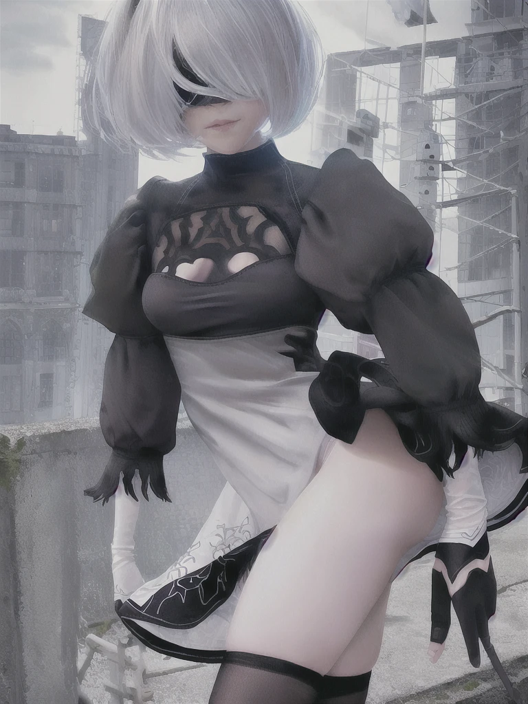 ((Highest quality)), ((masterpiece)), (detailed), One girl, sexy、Realistic color photos、realistic skin color、Slender body、(((yorha_phi._2_type_b)))、1 girl、solo、Nier Automata、Gray Hair、short hair、Blindfold、Black Dress、Black hair band、Covered Eyes、、Clothing cutouts、happiness、excited、profound、despair、City、ruins、